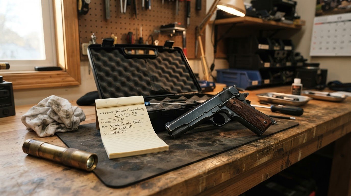 The reassembled 1911 wiped down and oiled, laid on the shop counter beside its open case and a completed handwritten job