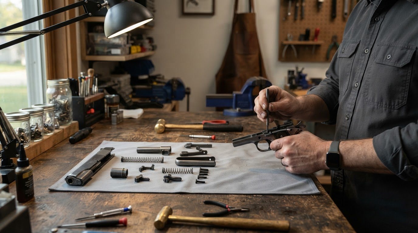A 1911 pistol broken down on a gunsmith's worked-in wooden bench under a single articulated task lamp: slide, recoil spring