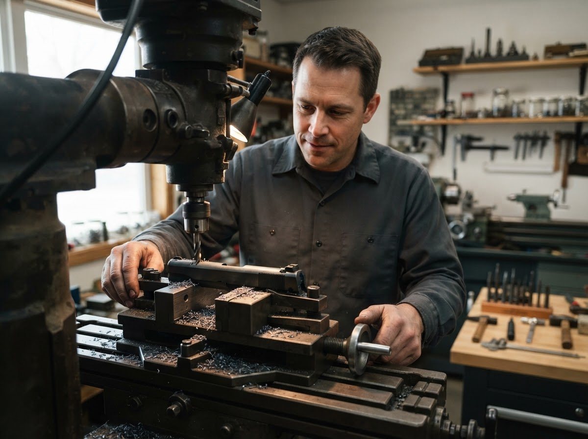 A 1911 slide clamped in a milling machine fixture mid-cut, fine steel chips curled on the table around the cutter